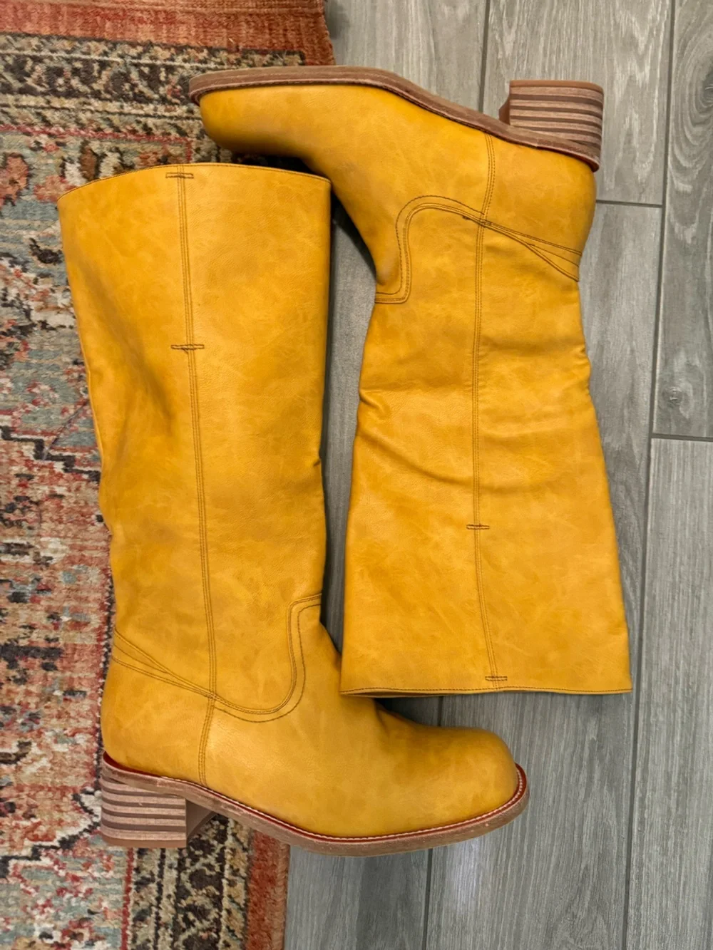Boutique|Women's Tall  faux Leather Boots in Tan Mustard,stacked heel,size 12•••